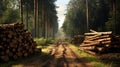 Log stacks along the forest road. Forest pine and spruce trees.