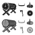 Log on supports, two-hand saw, ax, raising logs. Sawmill and timber set collection icons in black,monochrom style vector