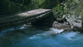 Wooden bridge across stormy mountain river