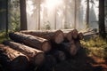 Log trunks pile, timber harvesting. Pile of wooden logs prepared for removal. Logging timber wood industry. Generative AI