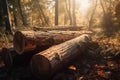 Log trunks pile, timber harvesting. Pile of wooden logs prepared for removal. Logging timber wood industry. Generative AI Royalty Free Stock Photo