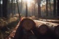 Log trunks pile, timber harvesting. Pile of wooden logs prepared for removal. Logging timber wood industry. Generative AI Royalty Free Stock Photo