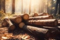 Log trunks pile, timber harvesting. Pile of wooden logs prepared for removal. Logging timber wood industry. Generative AI