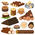 Log vector tree lumbers or logging trunks and hardwood of wooden timbered materials in sawmill illustration lumbering