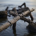 a log in the water with a rope tied to it