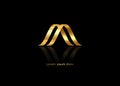 3d golden abstract letter M gold luxury business logo, metal company name vector isolated on black background