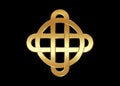 Gold celtic knot, interlocked circles logo, golden luxury vector emblem sign isolated on black background