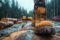 Logger in action: Close-up of muddy boots on a felled log in a misty forest Royalty Free Stock Photo