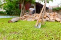 Logger is cutting firewood in the yard with chainsaw