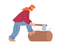 Logger or lumberjack in plaid shirt cuts wood flat vector illustration isolated.