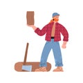 Logger or lumberjack at work cutting wood, flat vector illustration isolated.