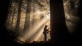 Logger Using Chainsaw on Tree in Misty Forest During Early Morning With Light Rays Shining Through Trees in Pacific Royalty Free Stock Photo