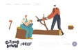 Loggers Cutting Trees Landing Page Template. Character Sawing Logs in Forest. Wood Worker with Saw Working Deforestation Royalty Free Stock Photo