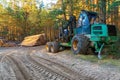 Logging equipment in the forest, loading logs for transportation. Harvesting and storage of wood in the forest. Transportation of Royalty Free Stock Photo