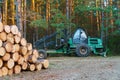 Logging equipment in the forest, loading logs for transportation. Harvesting and storage of wood in the forest. Transportation of Royalty Free Stock Photo