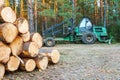 Logging equipment in the forest, loading logs for transportation. Harvesting and storage of wood in the forest. Transportation of Royalty Free Stock Photo