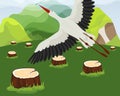 Logging forest with felled trees vector illustration hand drawn. Stumps remaining after cutting. Flying stork close up. Royalty Free Stock Photo