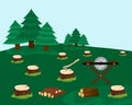 Logging forest with felled trees vector illustration hand drawn. Stumps after spruces cutting, ax, saw machine, logs.