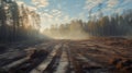 Logging industry autumnal forest landscape: heavy machinery and tractors leaved tracks after autumn muddy working dirty days. Wood