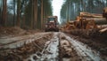 Logging industry everyday routine: heavy machinery - tracks and tractors cutting, transporting huge tree logs during autumn muddy