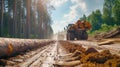 Logging industry everyday routine: heavy machinery - tracks and tractors cutting, transporting huge tree logs during autumn muddy