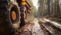 Logging industry everyday routine: heavy machinery - tracks and tractors cutting, transporting huge tree logs during autumn muddy