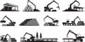 Logging industry machines for transporting and loading timber silhouette vector Royalty Free Stock Photo