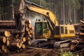 Logging industry scene with heavy machinery cutting, loading, and transporting timber in a forest Royalty Free Stock Photo
