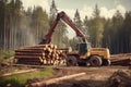Logging industry scene with heavy machinery cutting, loading, and transporting timber in a forest