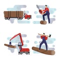 Logging, loading and transportation of wood, logs. Special equipment for the logging industry. Icon set