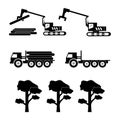 Logging Machine Logger Loader. Icon depicting heavy machinery equipment and trucks used for logging and deforestation. Black and w Royalty Free Stock Photo