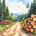 Logging Road Through a Pine Forest with Stacked Logs Royalty Free Stock Photo