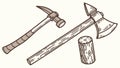 Logging Tools Axe, Pickaxe, and Log, Outdoor Timber Work, vector design Generative AI Royalty Free Stock Photo