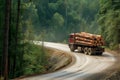 logging truck with full load rushing on a forest road curve Royalty Free Stock Photo