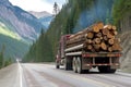 logging truck with timber speeding on a forested mountain road Royalty Free Stock Photo