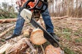 Logging, Worker in a protective suit with a chainsaw sawing wood. Cutting down trees, forest destruction. The concept of Royalty Free Stock Photo