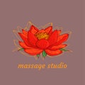 Logi with lotus flower and the text massage studio