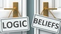 Logic or beliefs as a choice in life - pictured as words Logic, beliefs on doors to show that Logic and beliefs are different