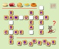 Logic crossword puzzle game for kids to study English words. Find missing letters and draw them in empty squares.