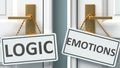 Logic or emotions as a choice in life - pictured as words Logic, emotions on doors to show that Logic and emotions are different