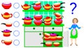 Logic exercise for children. Need to count the quantity of dishes and write the numbers in corresponding circles.