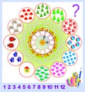 Logic exercise for young children. Need to count the quantity of objects and write the corresponding numbers in circles.