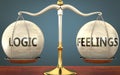 Logic and feelings staying in balance - pictured as a metal scale with weights and labels logic and feelings to symbolize balance