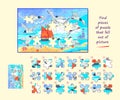 Logic game for children and adults. Find pieces of puzzle that fell out of picture. Page for kids brain teaser book. Task for