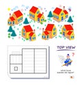 Logic game for children and adults. Which house matches the layout? Top view puzzle. 3D maze. Printable page for brain teaser book