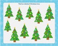 Logic game for children. Find Christmas trees with the same set of toys