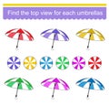 Logic game for children. Find the top view for each the umbrellas Royalty Free Stock Photo