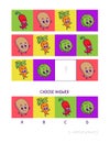 Cute chili peppers, potato, carrot, brussels sprouts. Logic game for children preschool worksheet activity for kids, task for the