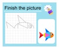 Logic game for kids. Finish the picture - fish. Coloring page