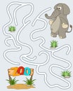 Logic Game for kids. Help the elephant find the pathway to Zoo. Entry and exit. Labyrinth with solution. Educational maze game